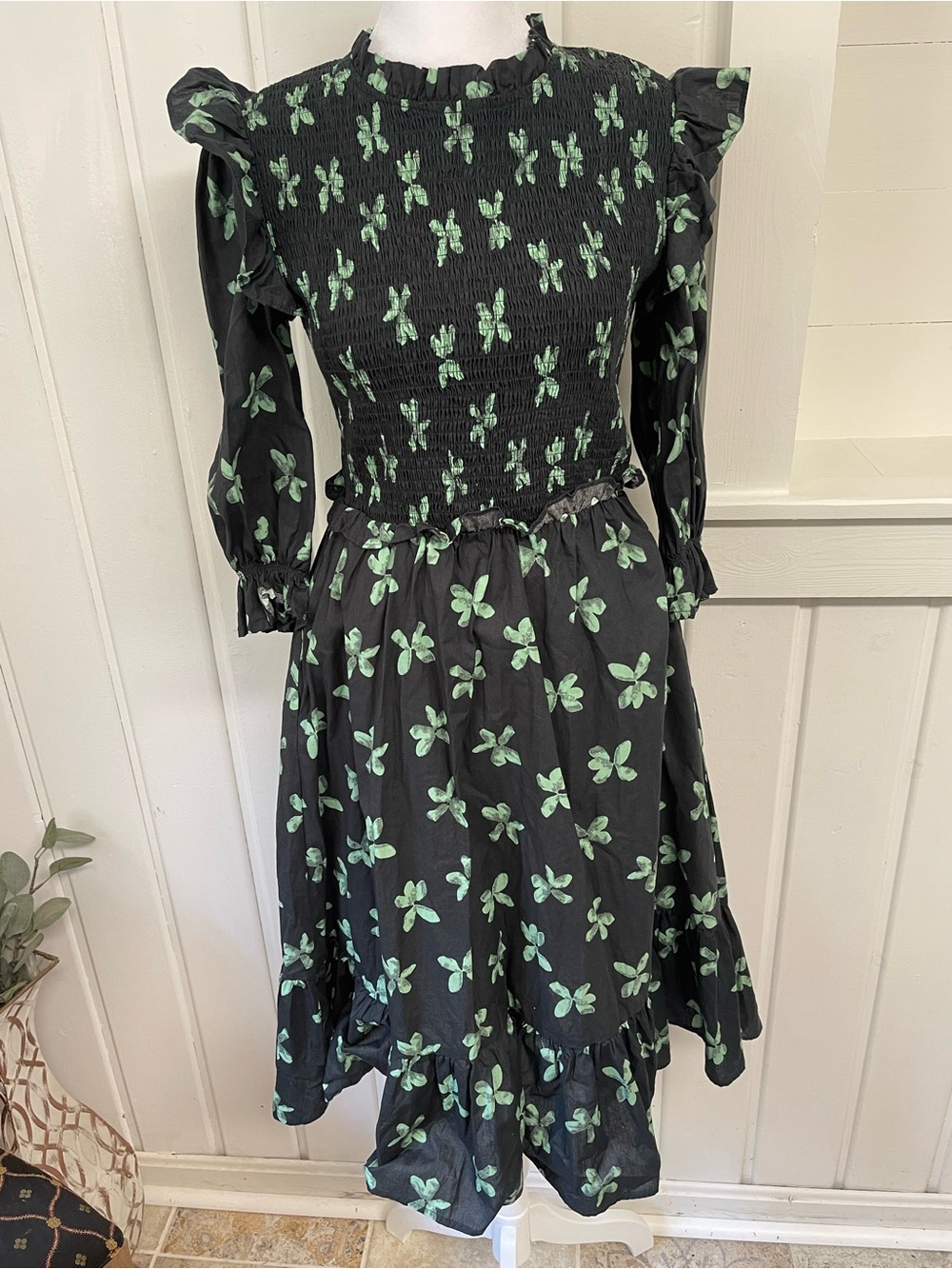 Karlie Black & Mint Green Butterfly Smocked Ruffle Tiered Cotton Dress Sz S
